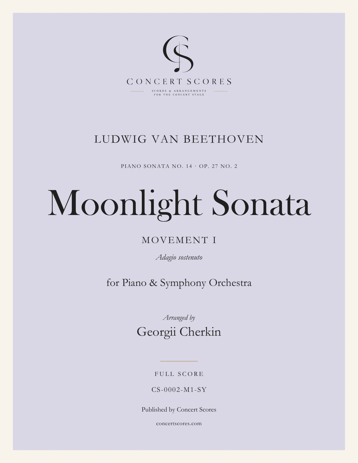 Beethoven — Moonlight Sonata · Movement I — for Piano & Symphony Orchestra — full score cover