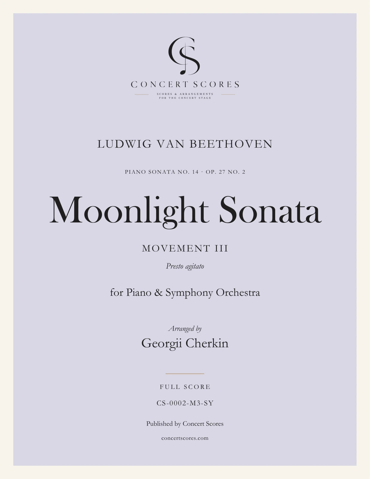 Beethoven — Moonlight Sonata · Movement III — for Piano & Symphony Orchestra — full score cover