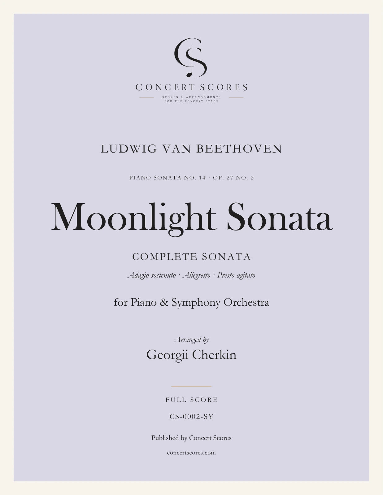 Beethoven — Moonlight Sonata · Complete Edition — for Piano & Symphony Orchestra — full score cover