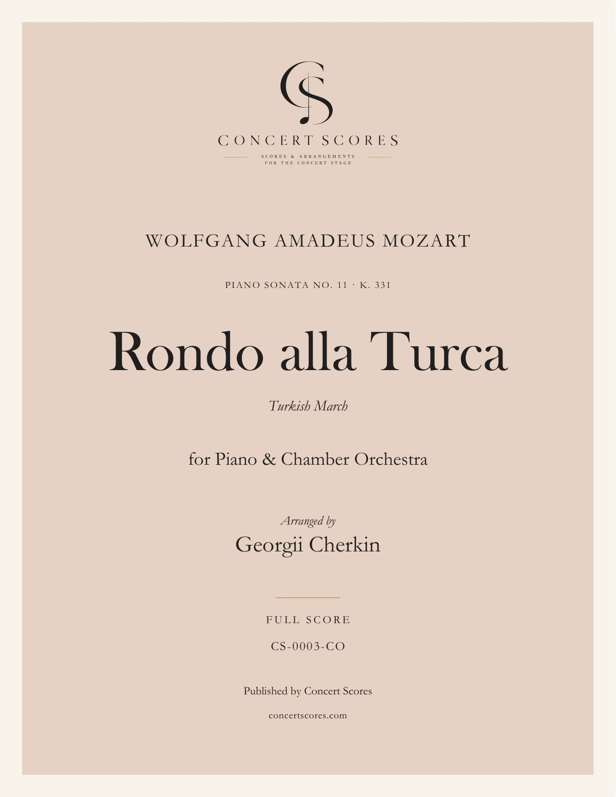 Mozart — Rondo alla Turca — for Piano & Chamber Orchestra — full score cover