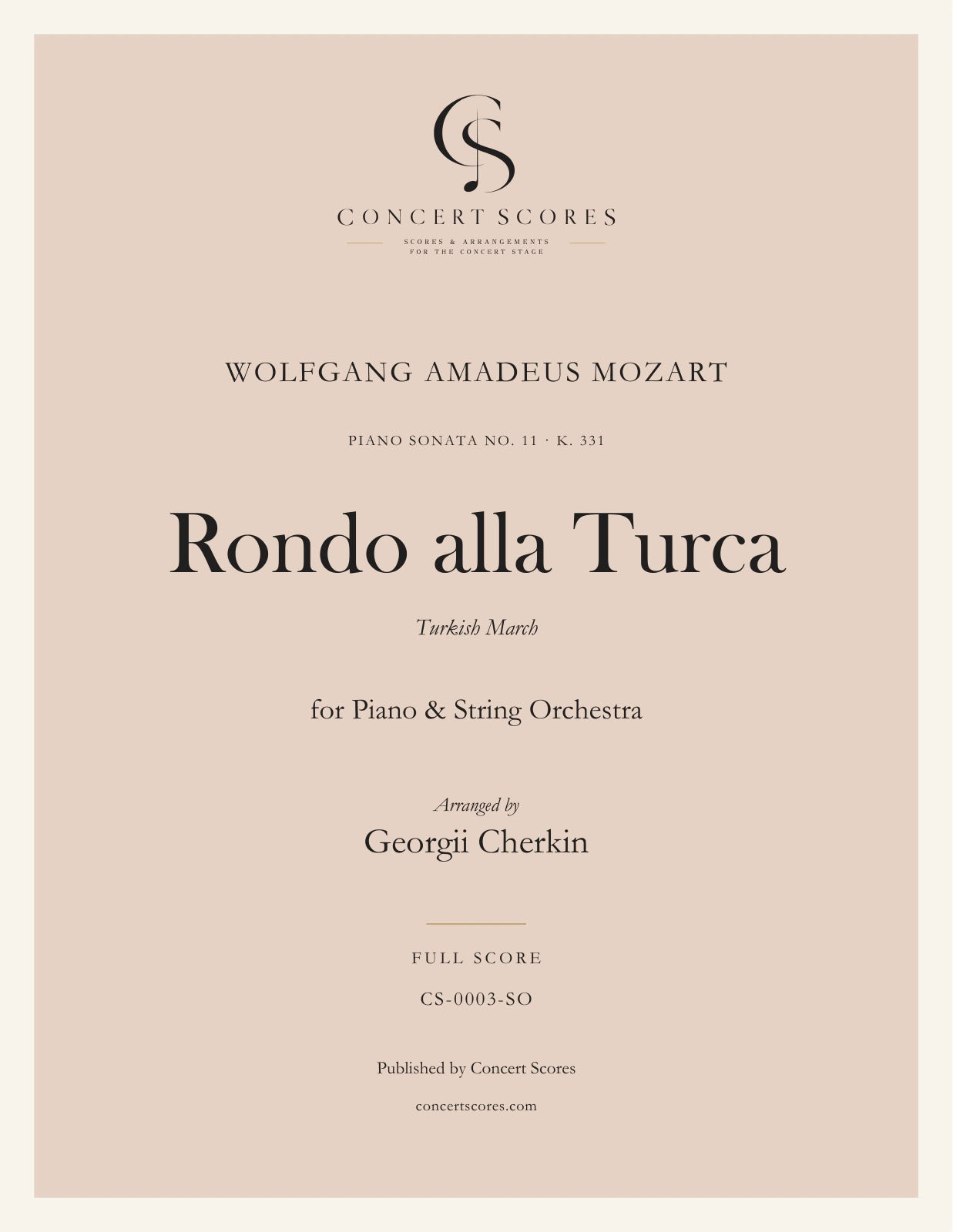 Mozart — Rondo alla Turca — for Piano & String Orchestra — full score cover
