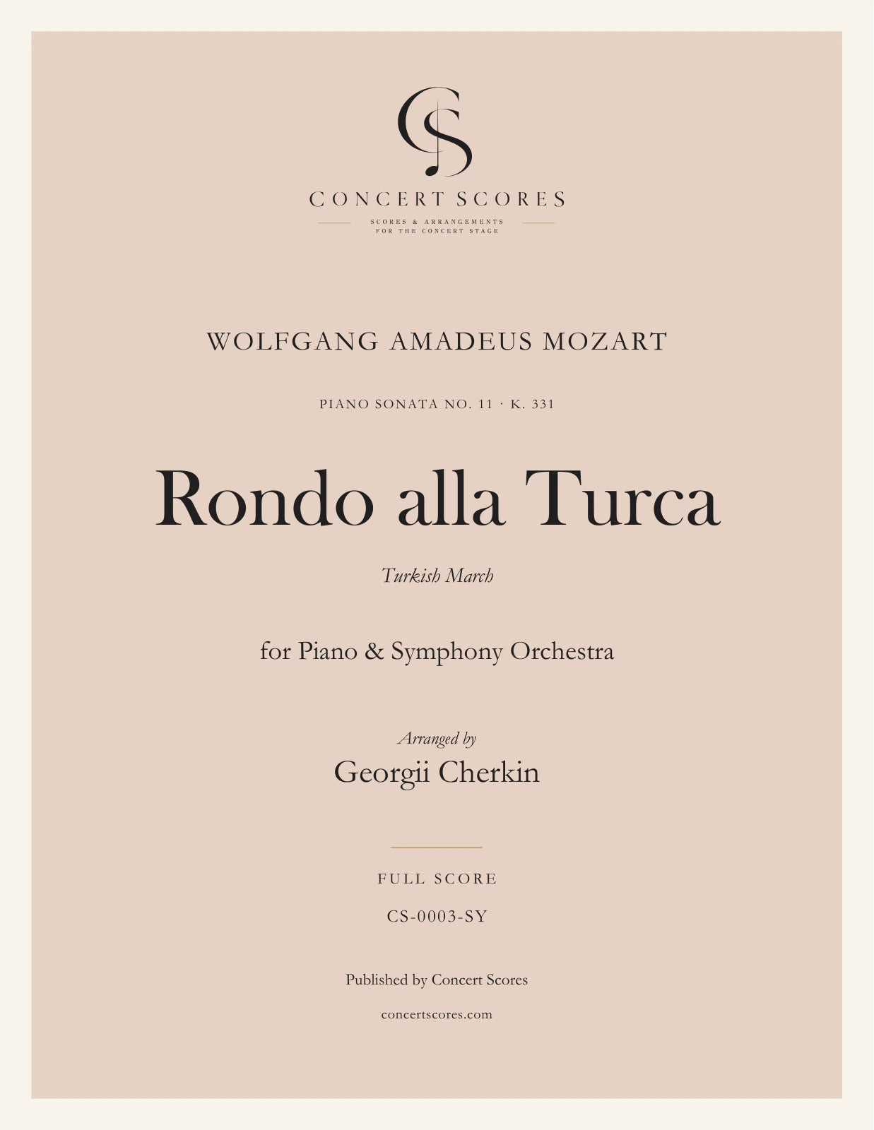 Mozart — Rondo alla Turca — for Piano & Symphony Orchestra — full score cover