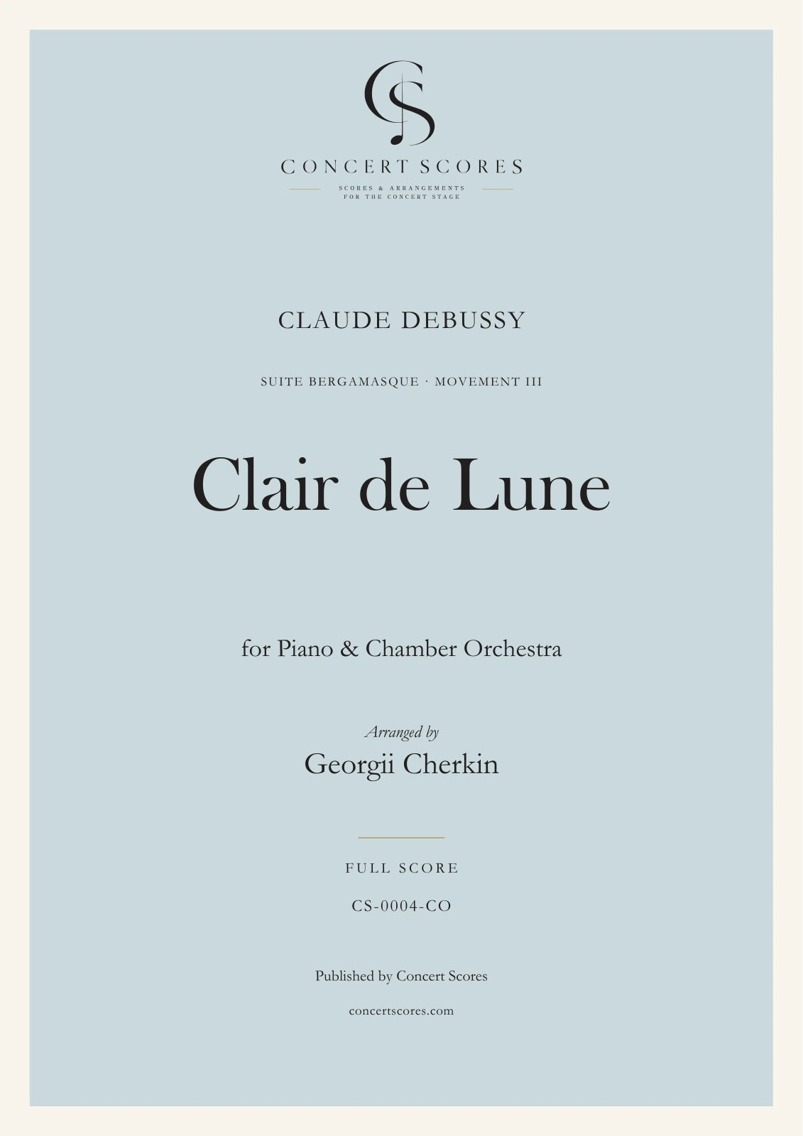Debussy — Clair de Lune — for Piano & Chamber Orchestra — full score cover